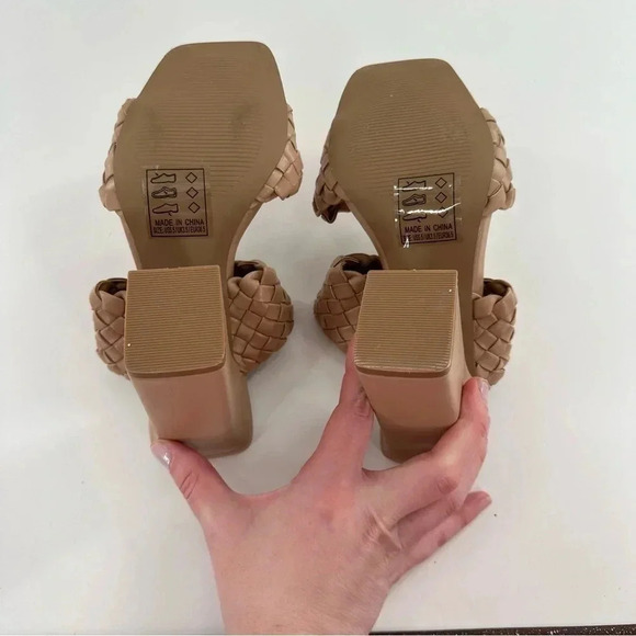 New Quipid womens heels size 5.5 36.5 taupe faux leather braided chunky - Picture 6 of 11